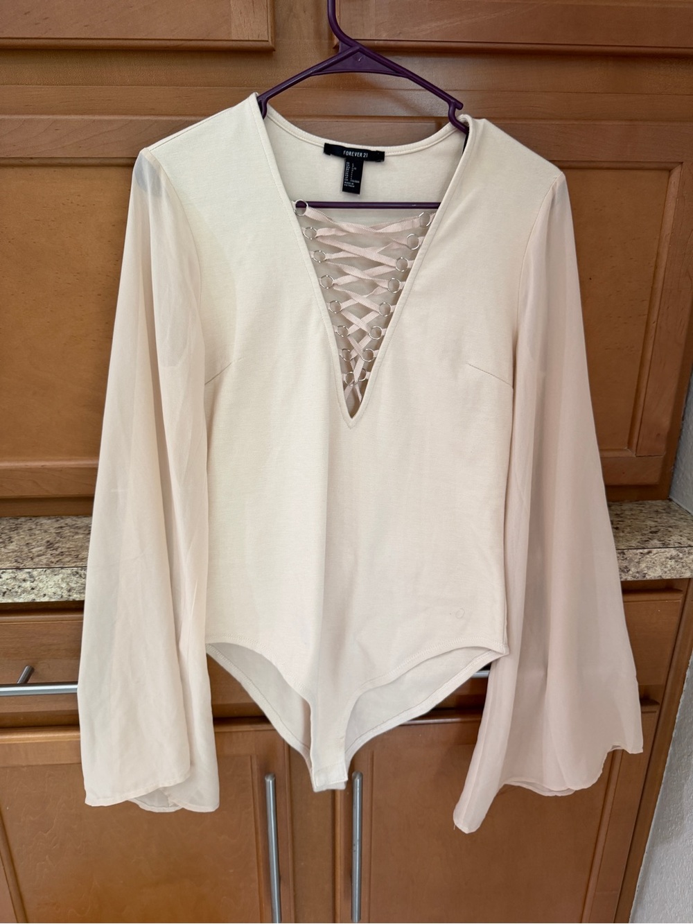 Forever 21 Cream Lace-Up V-Neck Long Sleeve Bodysuit